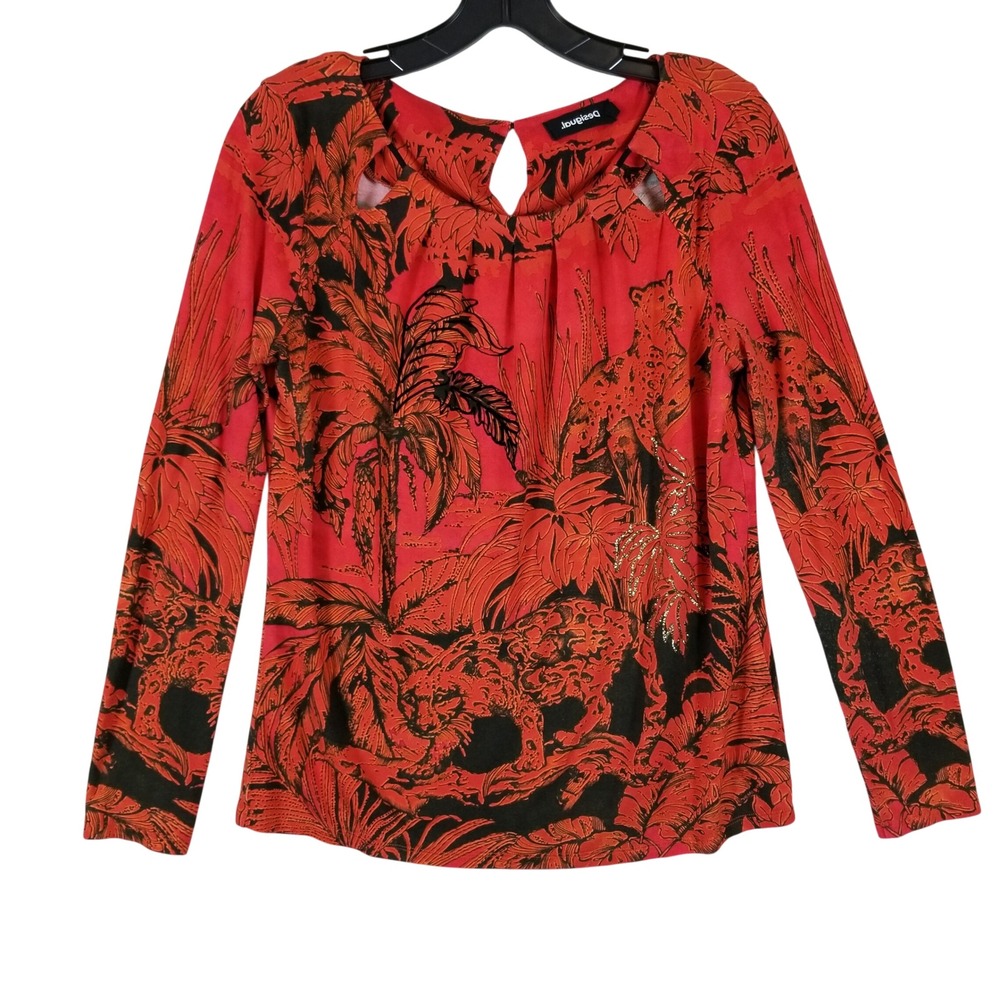 Desigual Womens Red Tropical Leopard Print Long Sleeve Cutout Top Size L‎